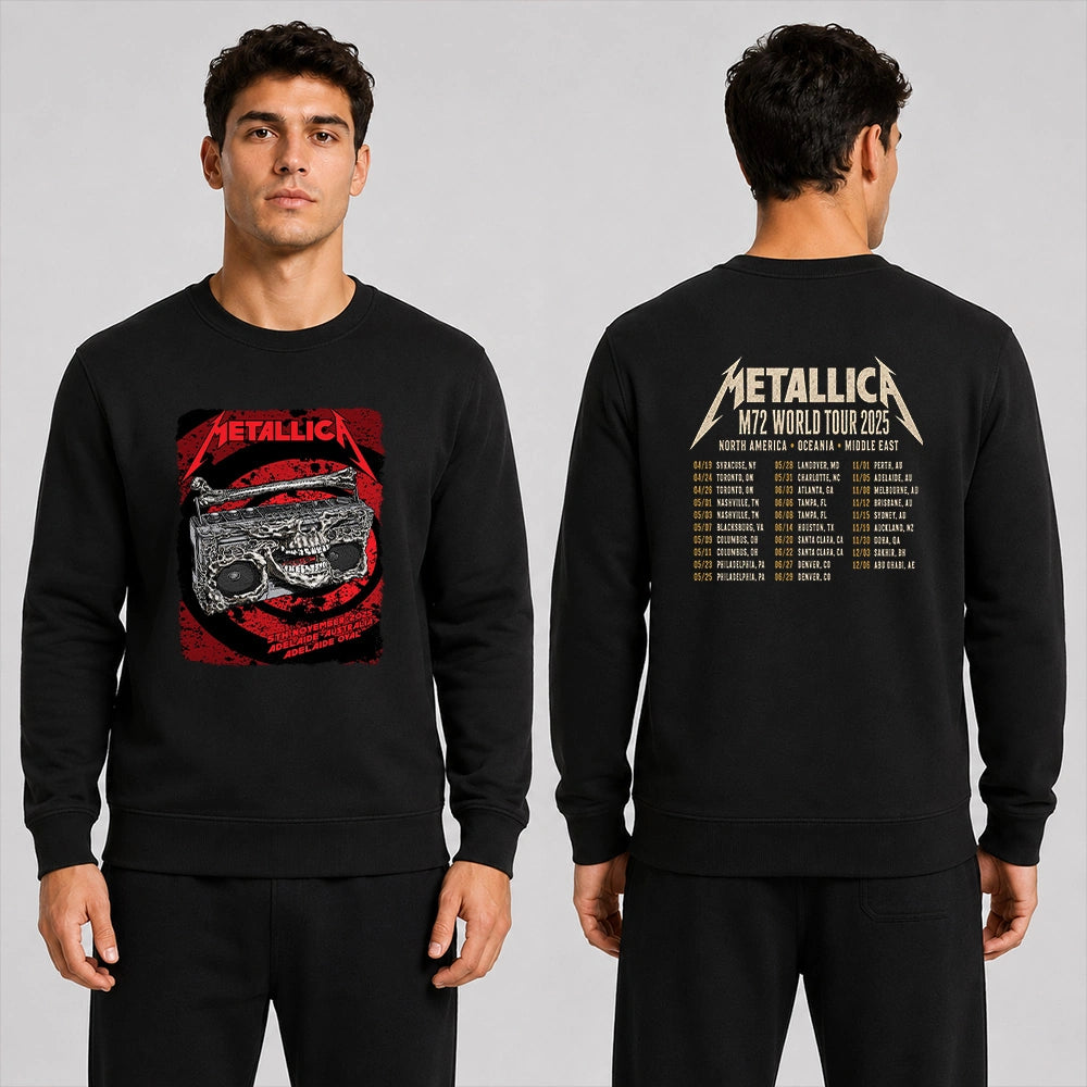 Metallica M72 World Tour November 5 2025 Adelaide Oval Adelaide Australia 2 side T-shirt by Glenn Smith featuring a skeletal boombox with skull details, bone handle, red black splatter background and M72 tour back print.